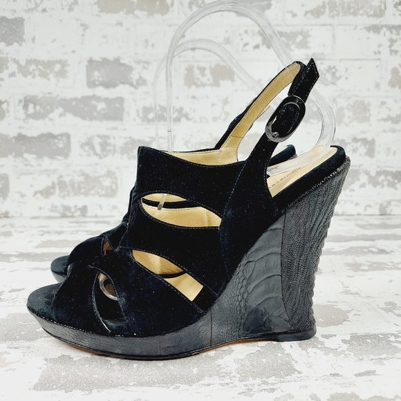 Alexandre Birman Black Suede Cutout Wedge Slip On Buckle Slingback Sandals O137 - Picture 1 of 12